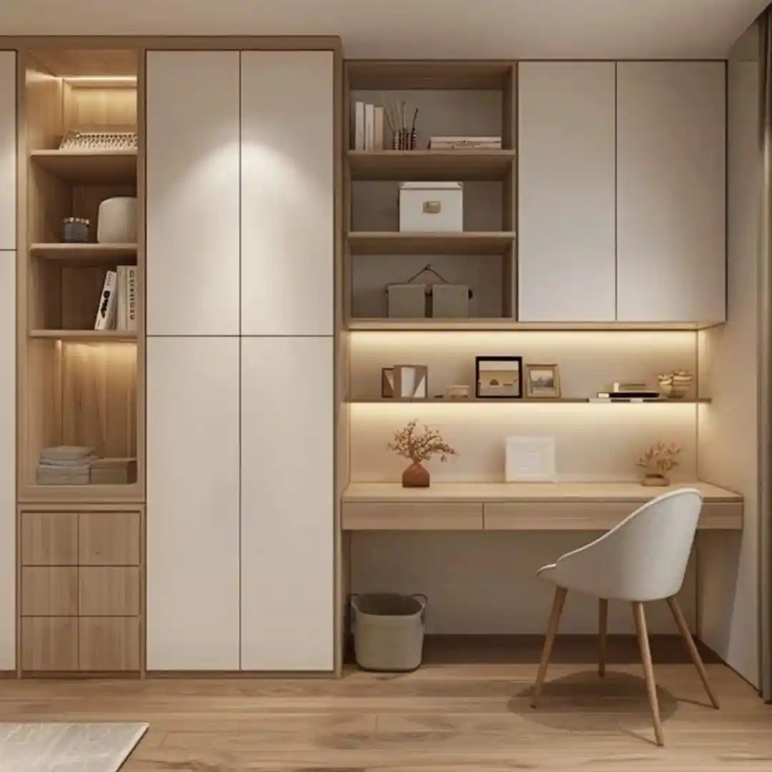 Modern built-in study unit with wooden desk, LED lighting, open shelves, white chair, and minimalist design — elegant home office