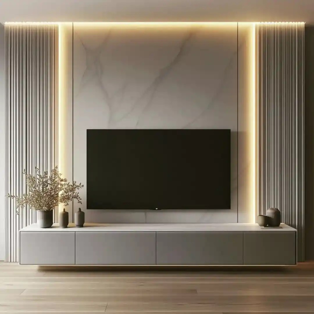 Modern TV wall with marble panel, LED lighting, vertical slats, and floating cabinet — sleek living room design