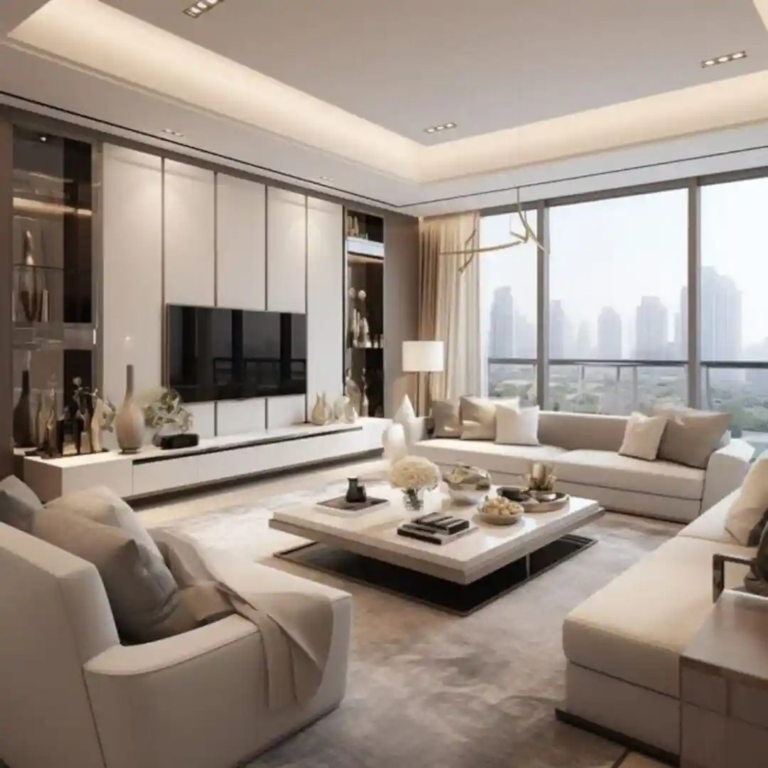 Luxury living room with white sofas, modern TV unit, and city view, ideal for high-end homes in Delhi, Gurgaon, and Noida.