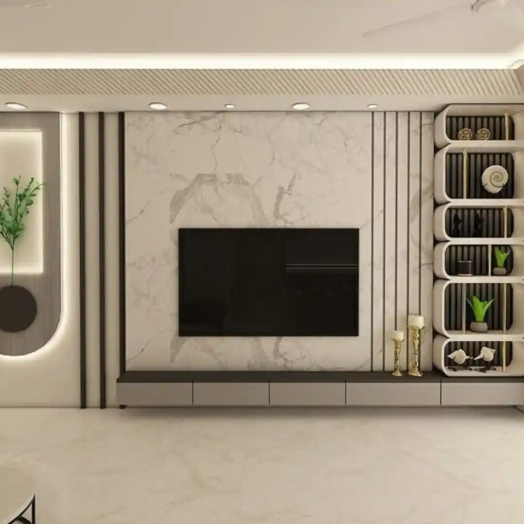 Modern TV wall with marble panel, LED lighting, vertical lines, and open shelves — elegant living room design