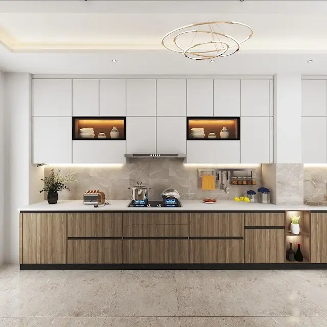 Modern kitchen with sleek black cabinets, white marble backsplash, and wooden flooring, ideal for homes in Delhi, Gurgaon, and Noida.