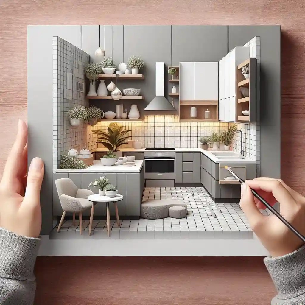 Miniature modern kitchen model with gray cabinets, white tiles, and open shelves, designed for homes in Delhi, Gurgaon, and Noida.