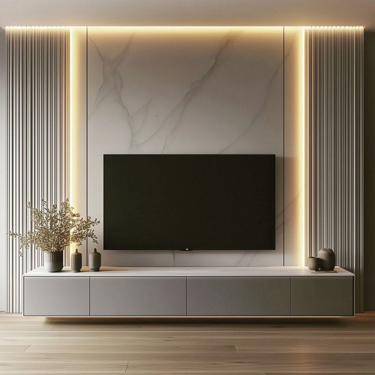 Modern TV wall with marble panel, LED lighting, vertical slats, floating cabinet, and minimalist decor — elegant living room design