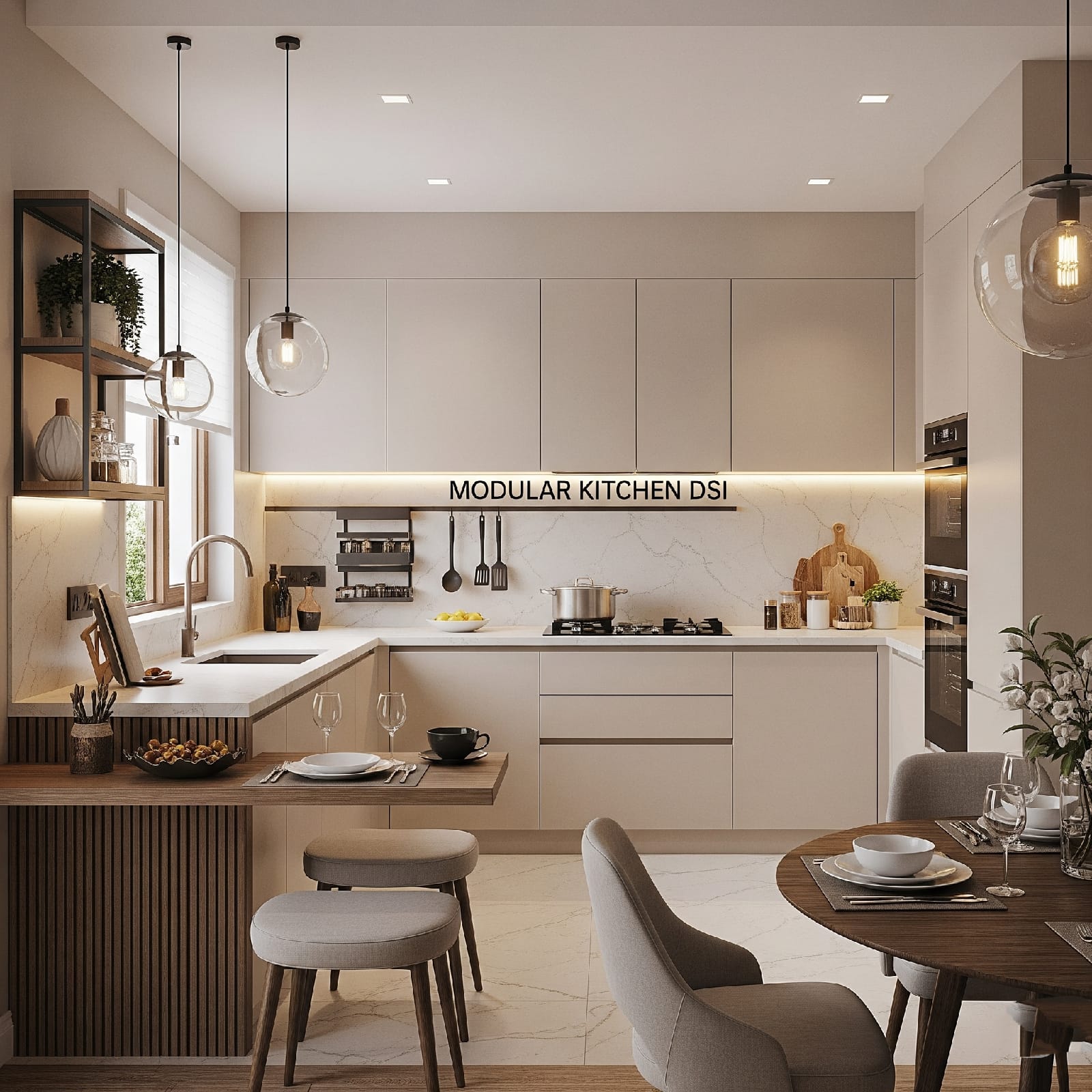 Modern modular kitchen with beige cabinets, marble backsplash, island, pendant lights, and dining area — sleek design