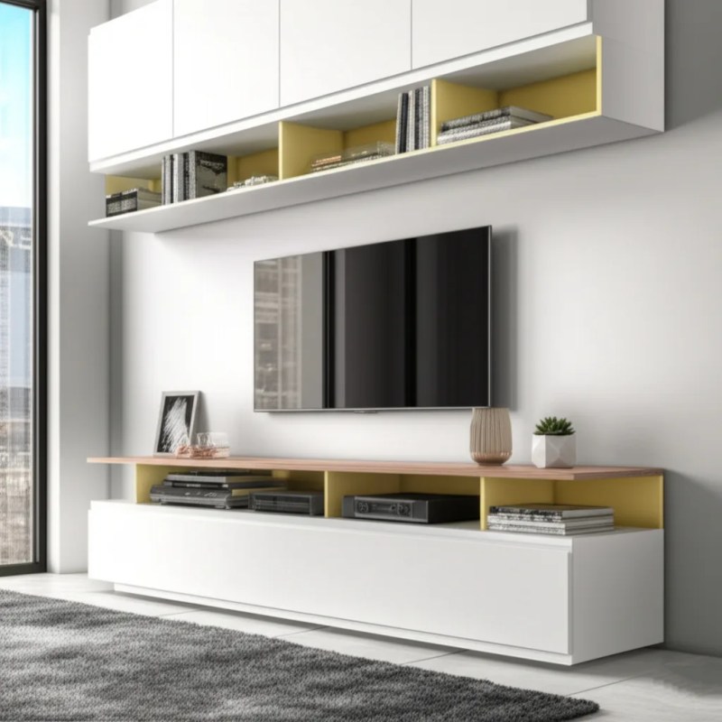 Modern living room with a sleek tv unit, wall-mounted flat screen ,white shelves, books, decor items, and a gray rug on a light floor.