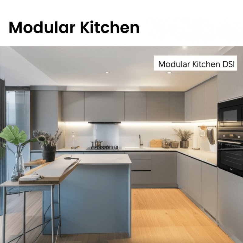 Modern modular kitchen with gray cabinets, wooden flooring, a central island, and under-cabinet lighting. Includes built-in appliances and decorative plants