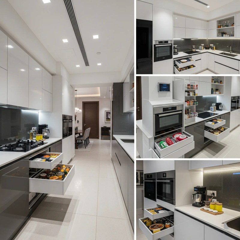 Modern white kitchen with sleek cabinets, open drawers filled with food, stainless steel appliances, and smart storage solutions.