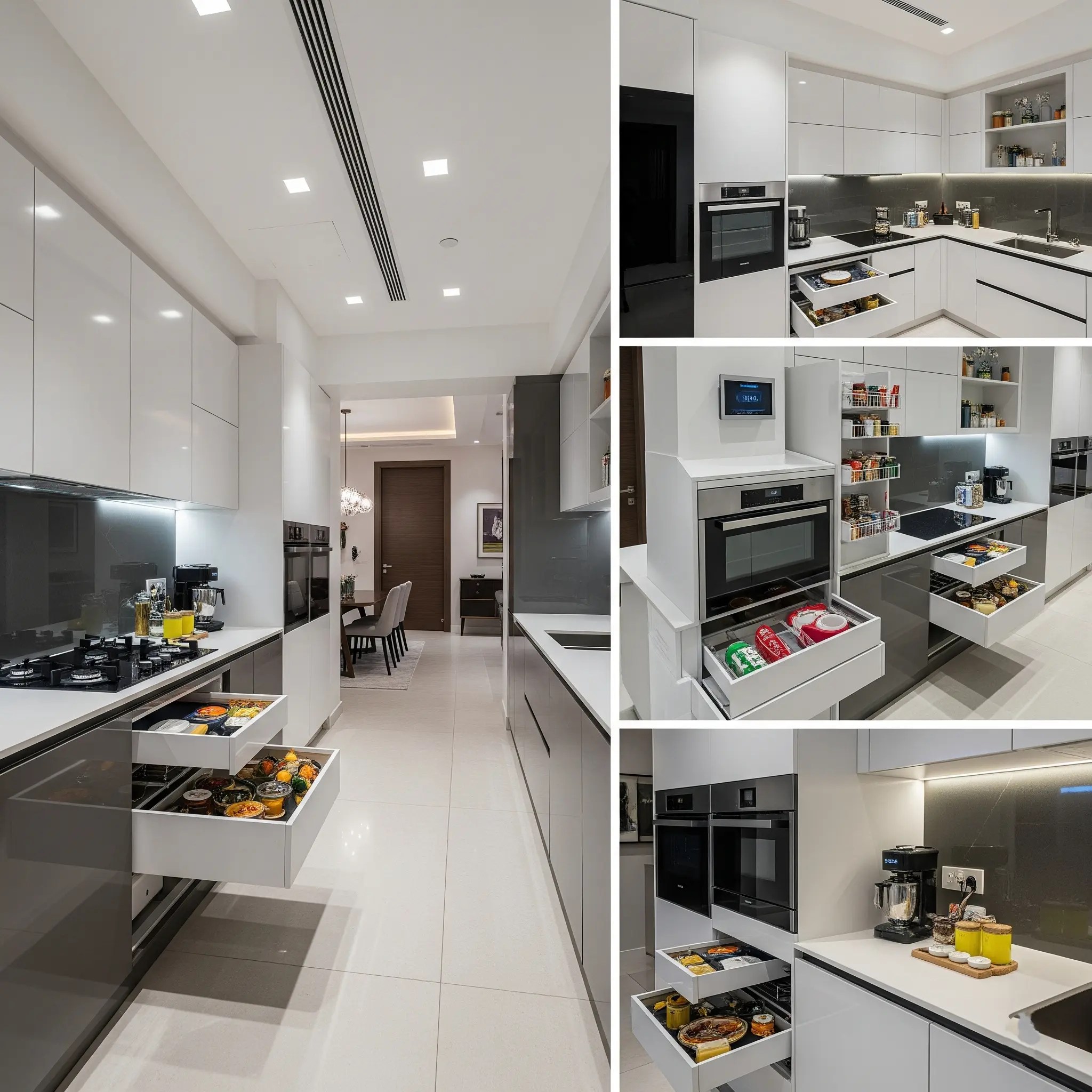 Modern white kitchen with sleek cabinets, open drawers filled with food, stainless steel appliances, and smart storage solutions.