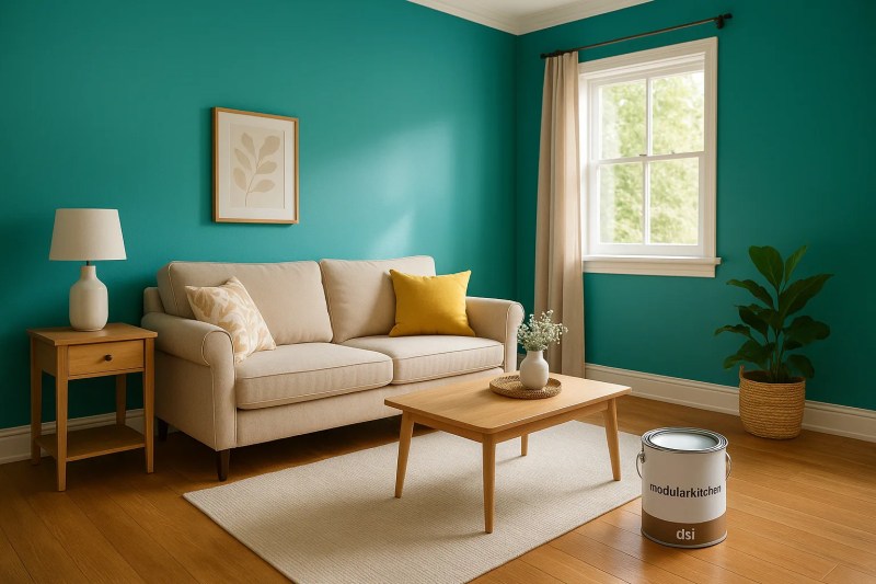 Cozy living room with teal walls and neutral furniture — warm and inviting space for modern homes in Delhi