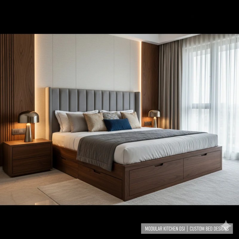Modern custom storage bed with upholstered headboard and wooden frame by Modular Kitchen DSI, featuring integrated drawers, ambient lighting, and minimalist bedroom design in New Delhi.