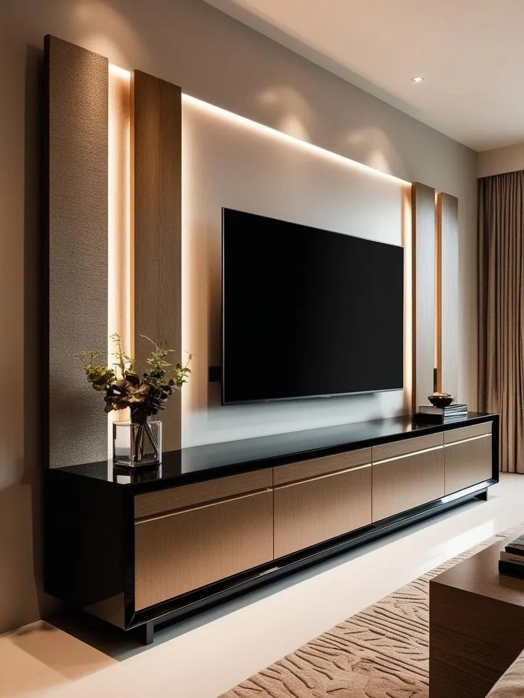Modern TV unit with LED lighting and hidden storage in Delhi living room — custom furniture Delhi for stylish, clutter-free entertainment spaces.
