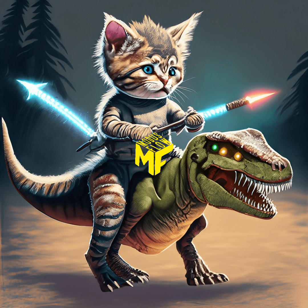 Kitten riding a velociraptor while wielding lightsabers