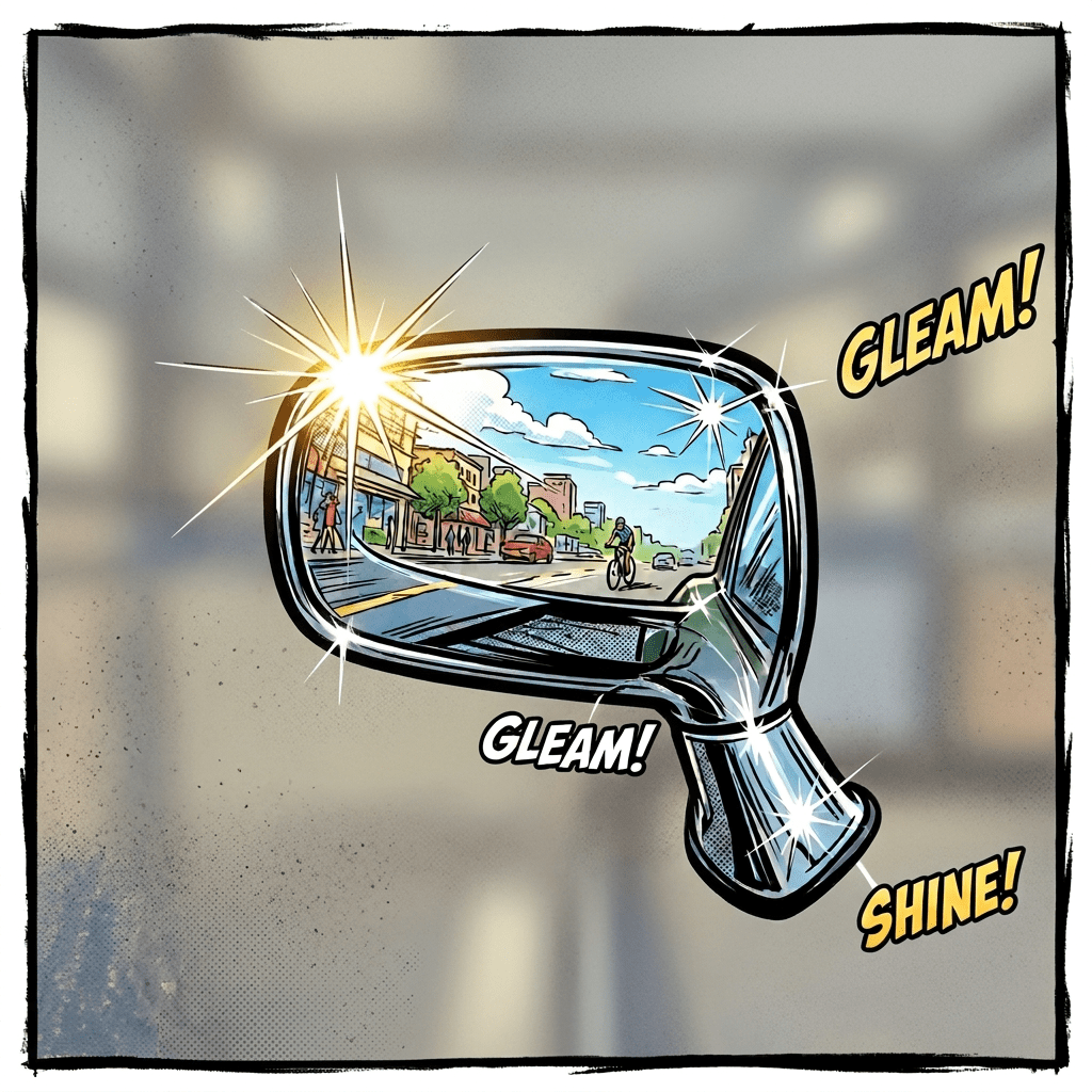 Red car mirror and city street with text KABOOM!, ZOOM!, ROAD RAGE!, GLEAM!, KLACK-KLACK, and GRIND