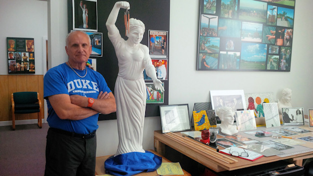 Morelli with a plaster model of a statue titled Reunion, which he hopes one day will stand as an 8ft bronze at the south end of the Mohawk Valley Gateway Overlook pedestrian bridge