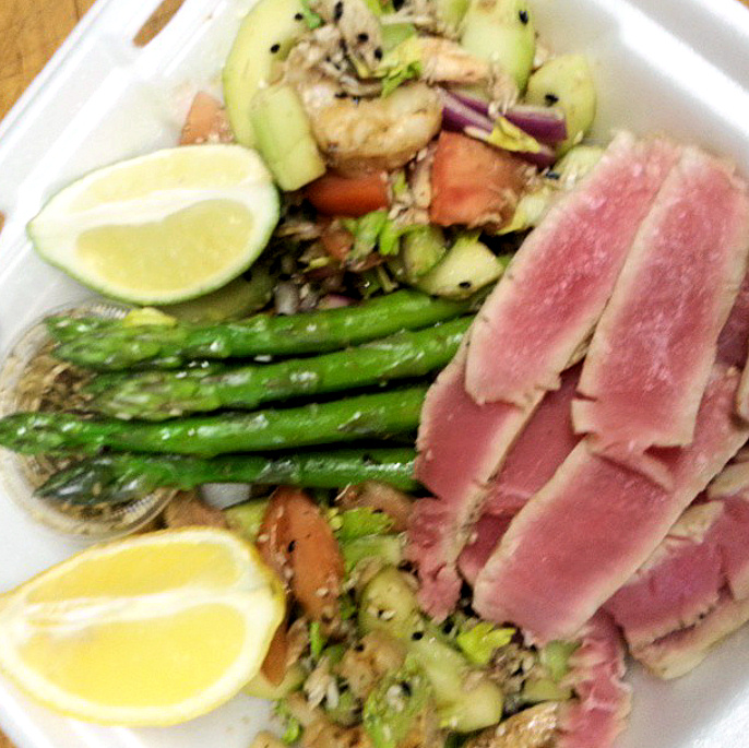 Searded Ahi Tuna with Asparagus and Shrimp Salad
