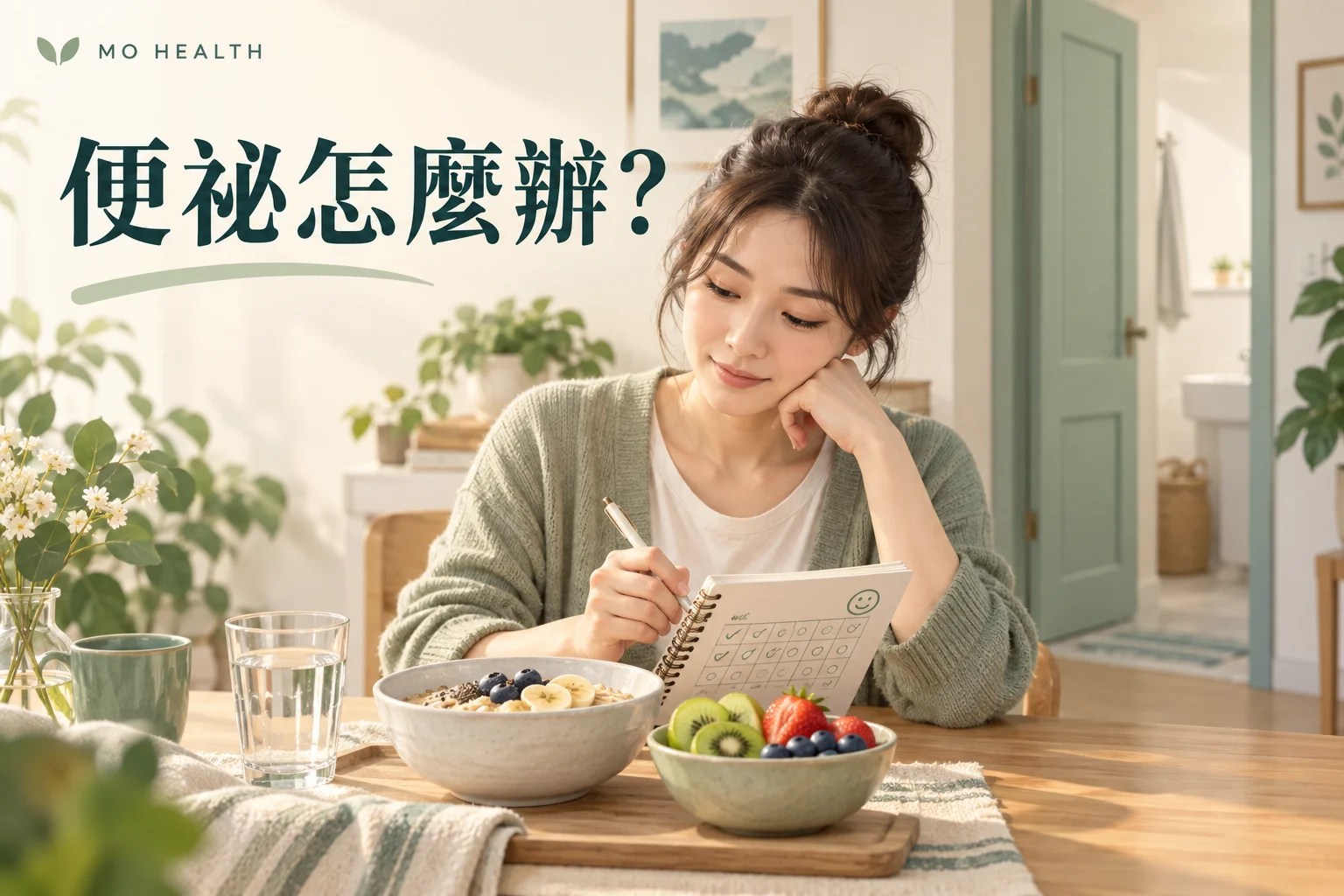 女子在餐桌旁用筆記本記錄，桌上有水杯、燕麥與水果