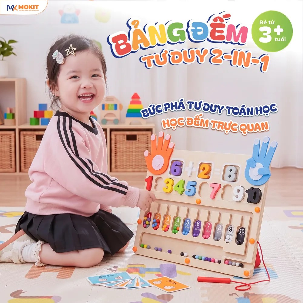 Bé chơi bảng đếm tư duy 2 in 1 bằng gỗ Montessori