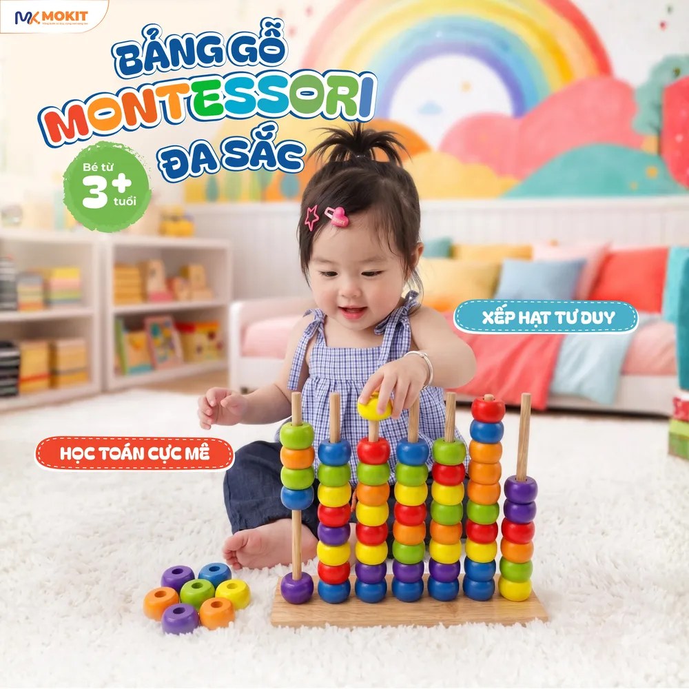 Bé chơi bảng gỗ Montessori đa sắc xếp hạt tập đếm