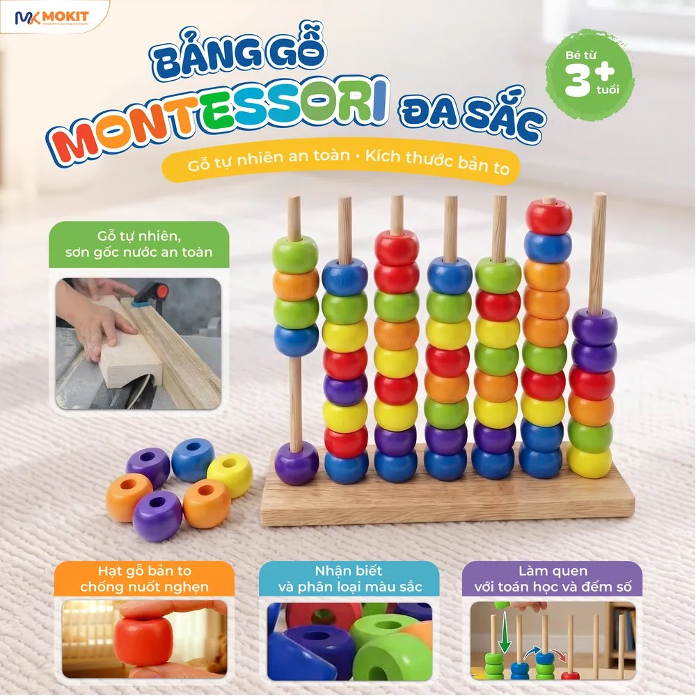 Tính năng bảng gỗ Montessori: gỗ tự nhiên, sơn gốc nước an toàn, hạt bản to