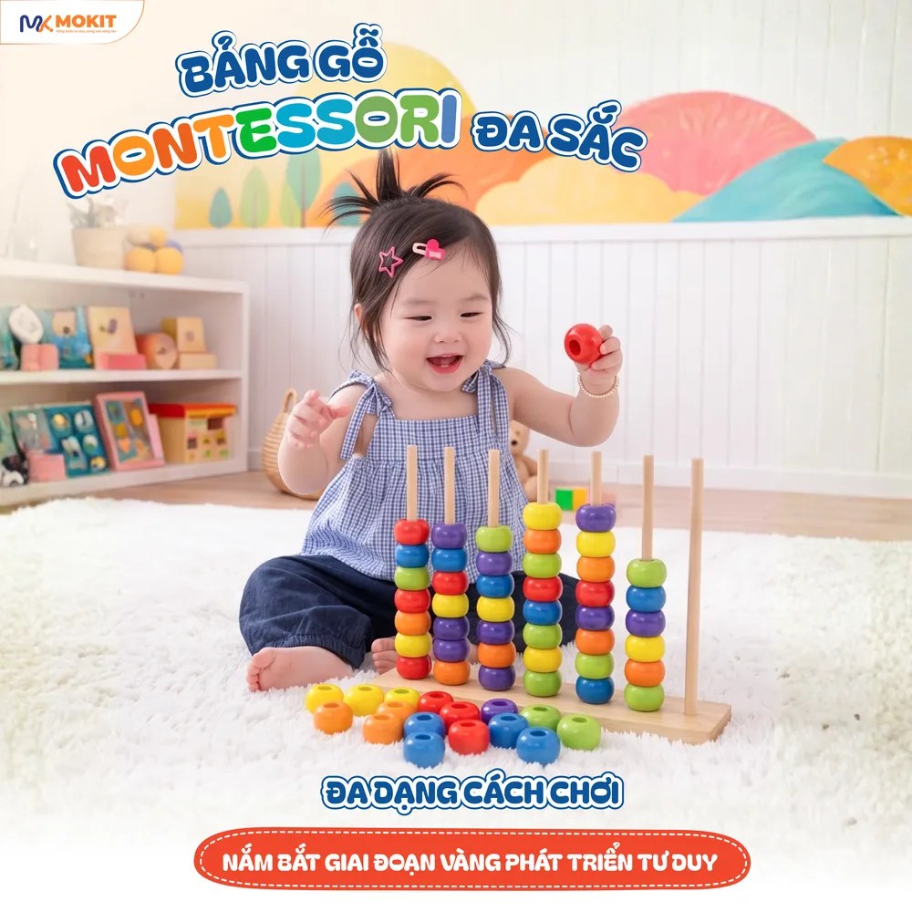 Bé xếp hạt gỗ nhiều màu theo nhiều cách chơi khác nhau