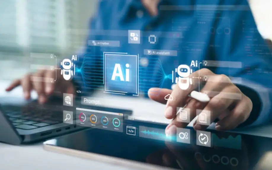 Person using laptop with AI interface displaying tools for automation and digital assistance, reflecting Molto's AI solutions for business efficiency.