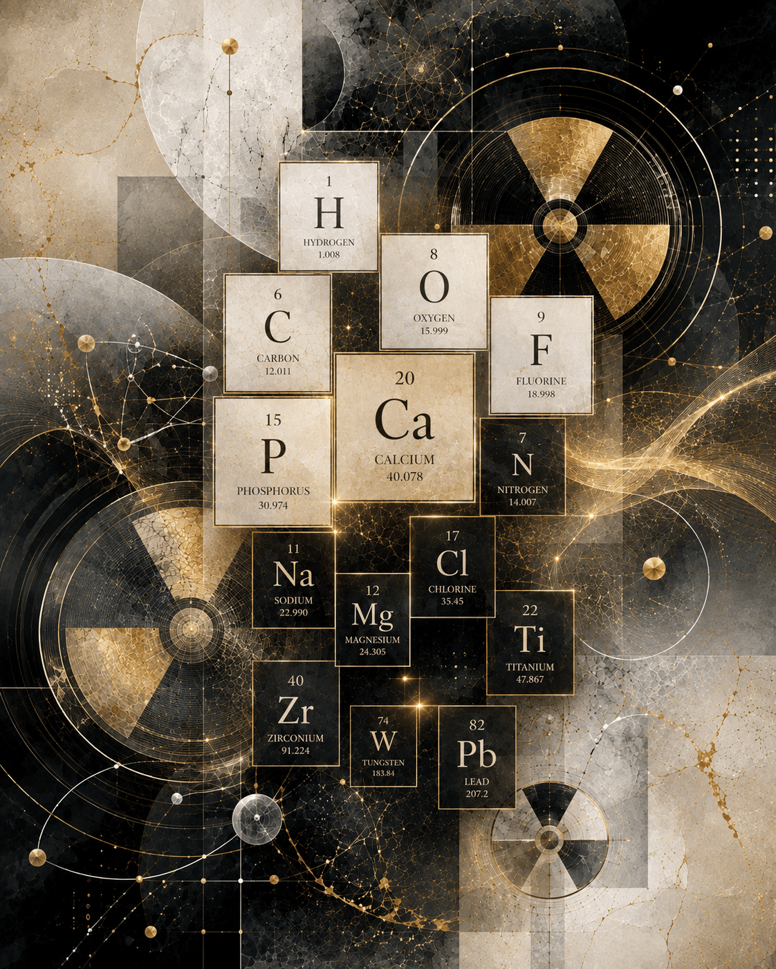 Periodic table tiles in ivory, black, and gold cascading across orbital rings and radiation symbols, the artwork for the Catalyst suite