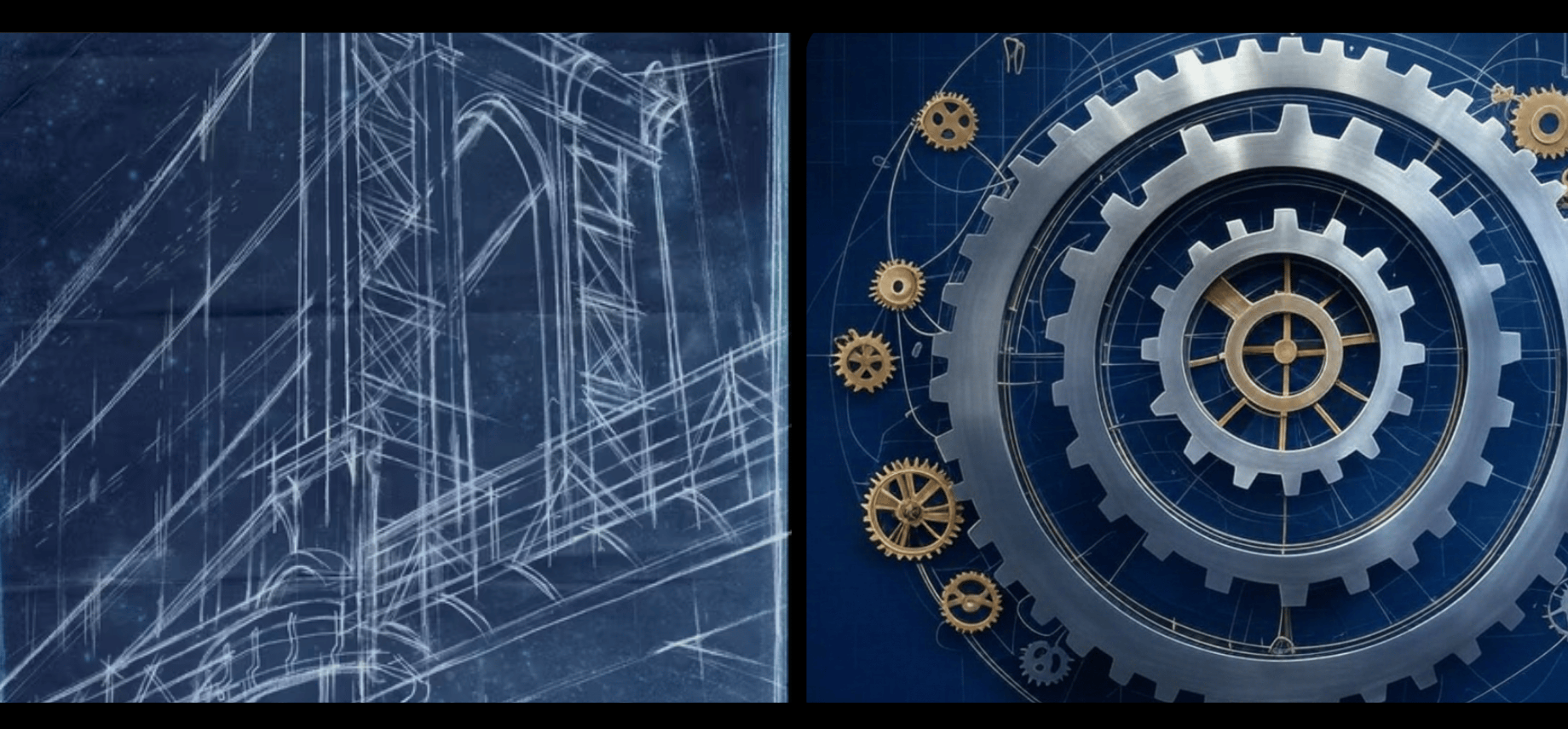A hand-sketched bridge blueprint beside interlocking silver and gold gears, the artwork for the Innovation suite