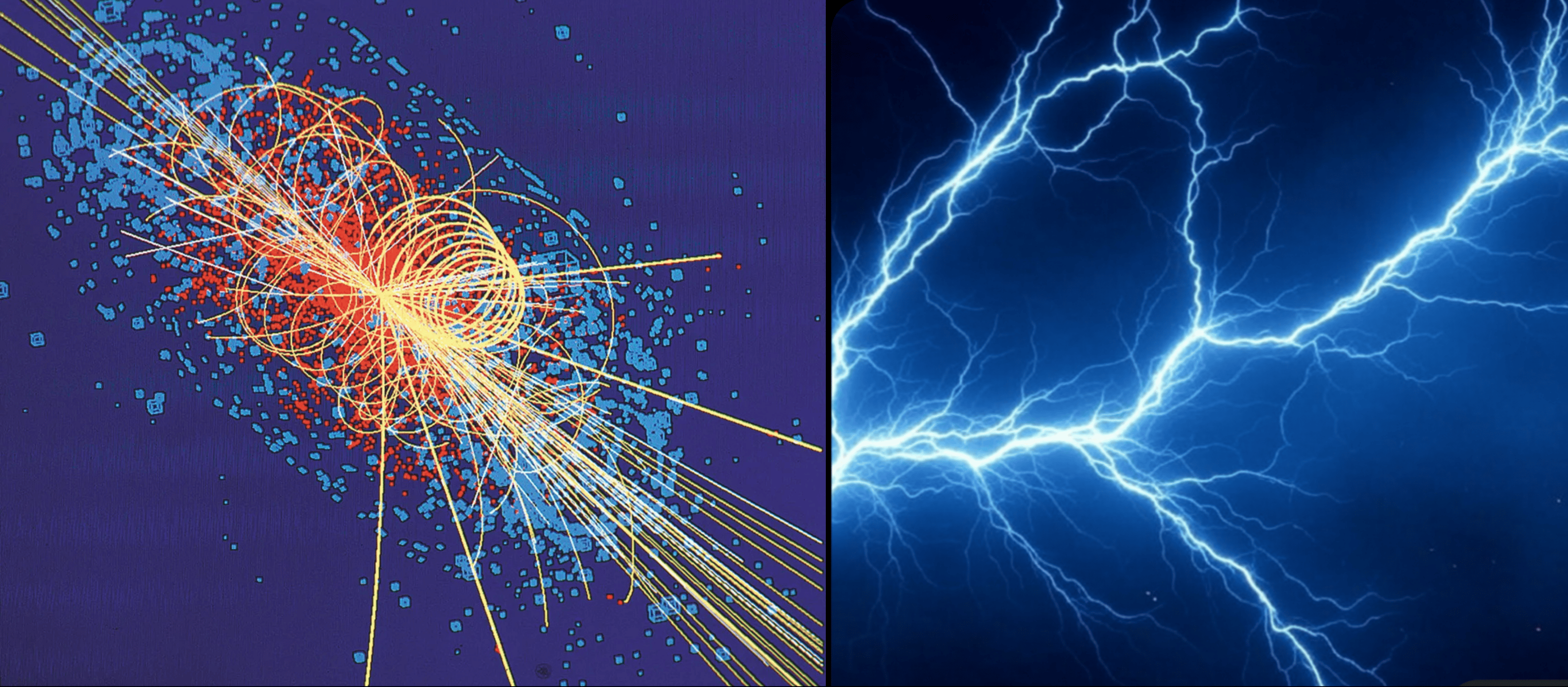 A particle-collision event display beside forking lightning, the artwork for the Energy suite