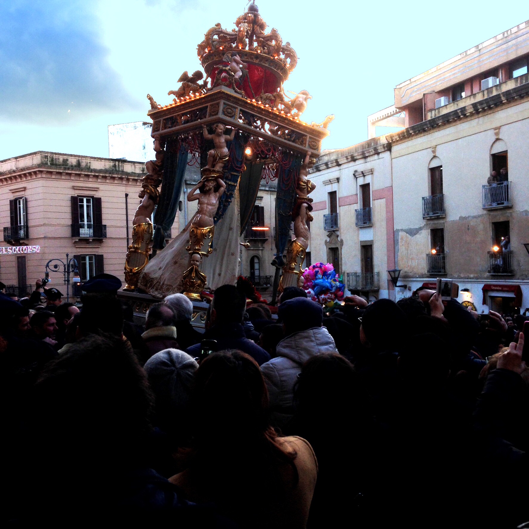 Madonna del Soccorso being carried from the church for her annual passagiata around the city streets