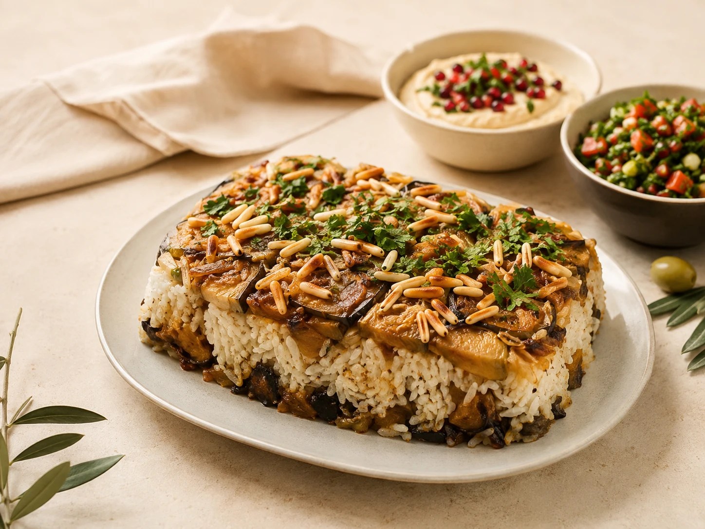 Fertig angerichtete Maqluba mit Dips und Salaten