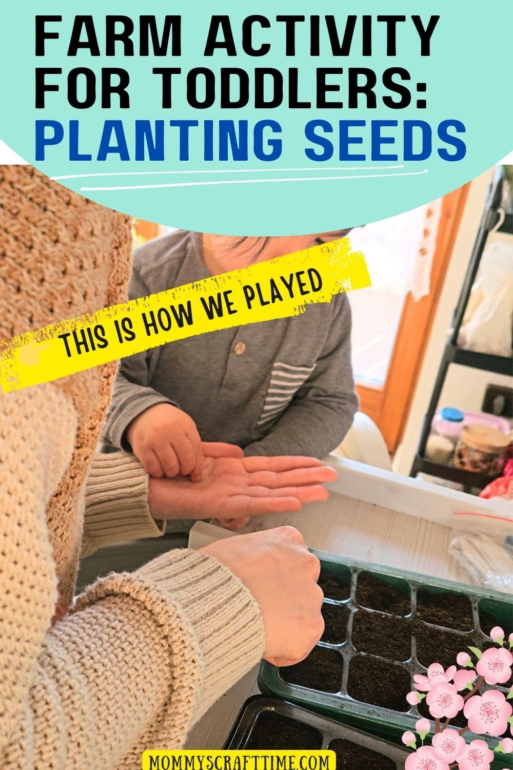 Preschool activity showing children planting and growing seeds in soil, farm-themed learning activity for toddlers and preschoolers.