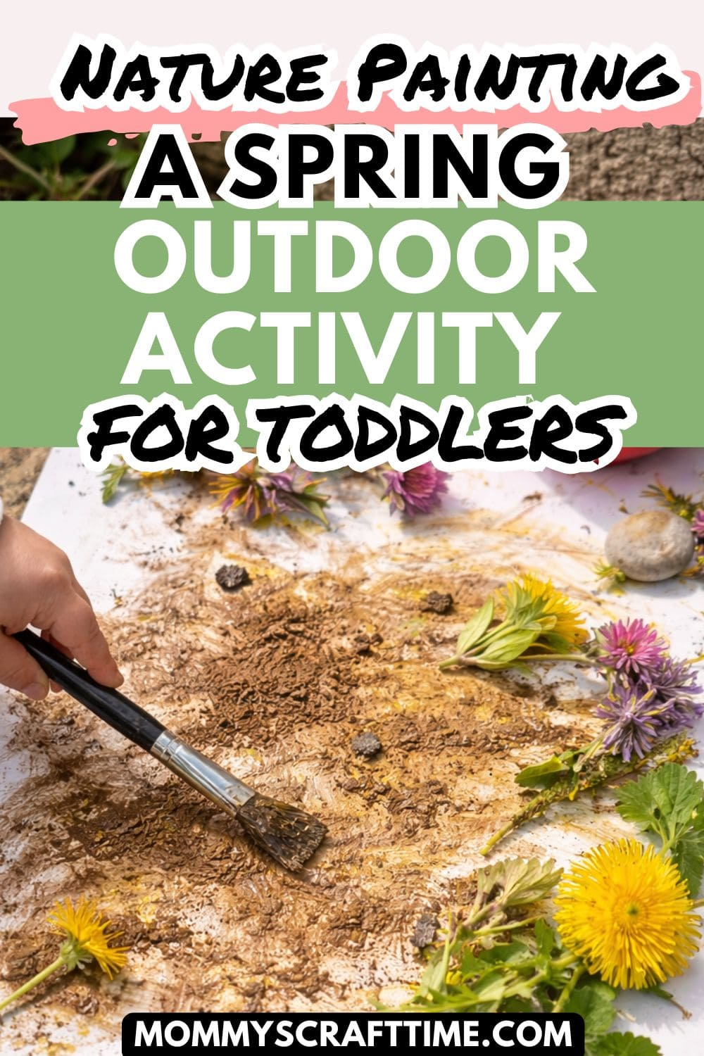 spring nature art created by toddler using flowers and dirt painting