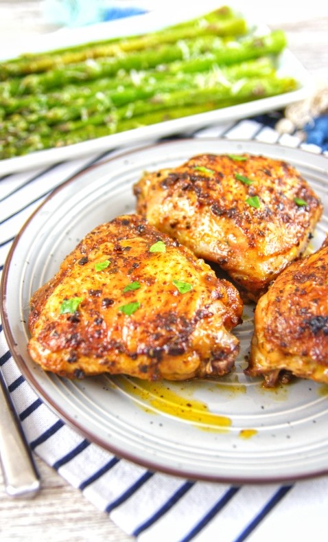 These Crispy Oven Baked Chicken Thighs have the most tender and juicy meat, with perfectly crisp skin. They're perfect for a keto diet. 