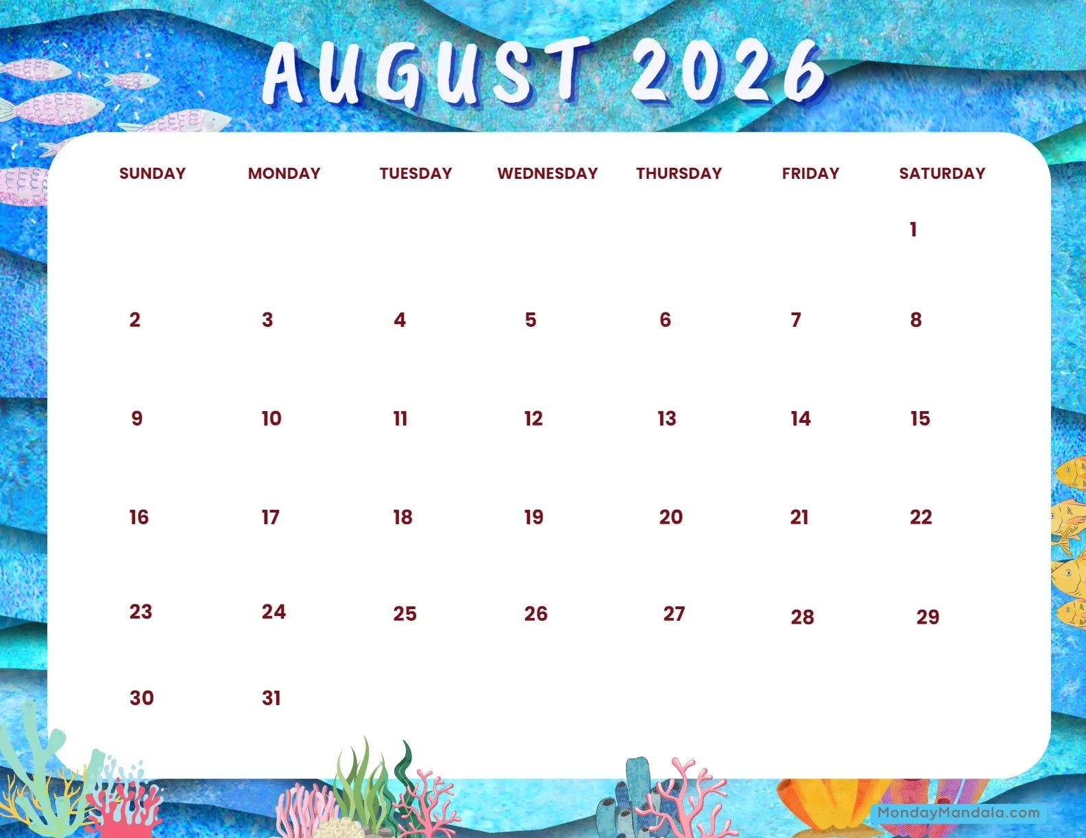 August free printable calendar 2026