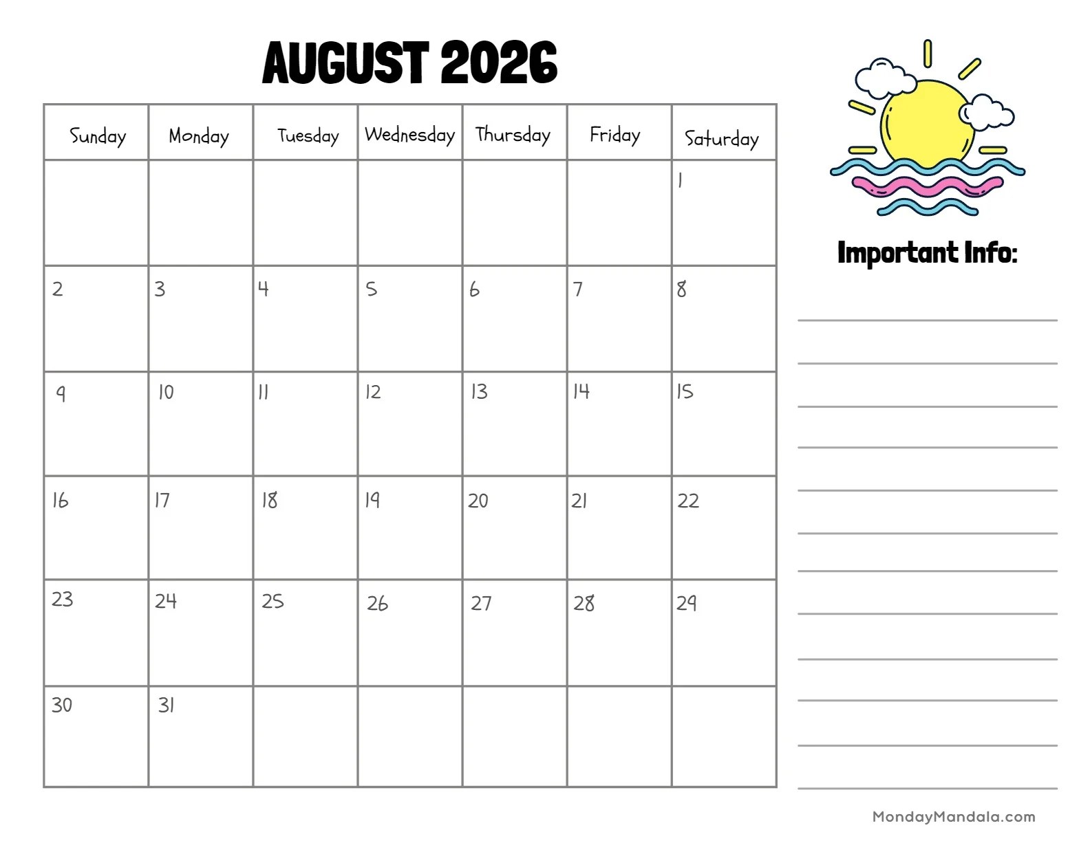 August 2026 Calendars 52 Free PDF Printables August 2026 Calendar Printable Sun Landscape 