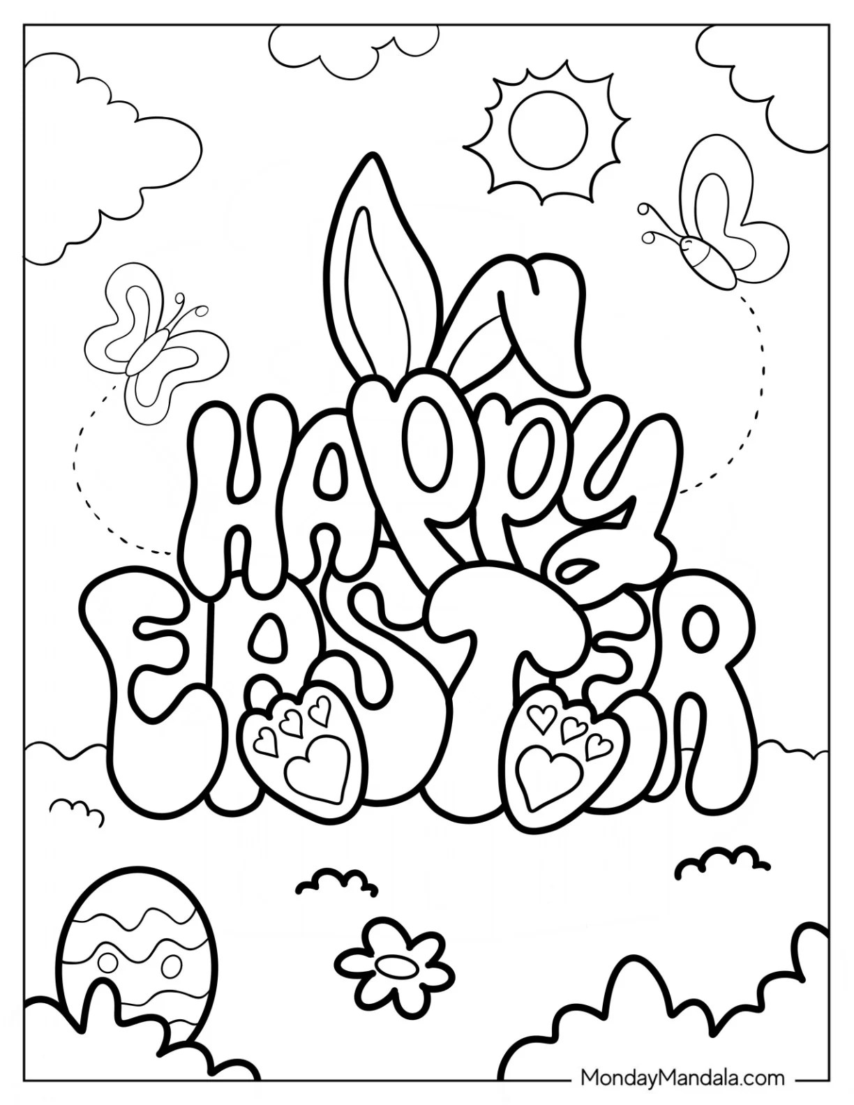 300 Easter Coloring Pages Free PDF Printables All For One Happy Easter In Garden With Butterflies Coloring Page For Kids 