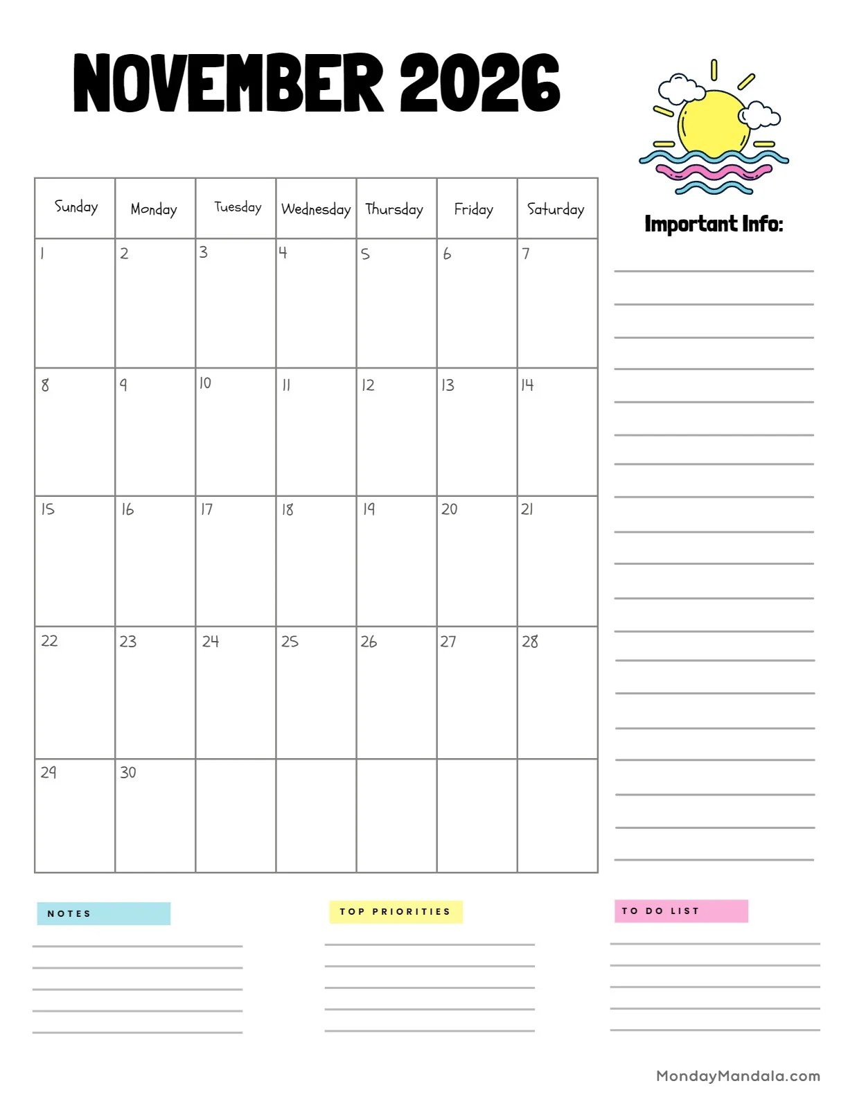 November 2026 Calendars Free Printable Pdfs 2026 Calendar Sun Portrait.