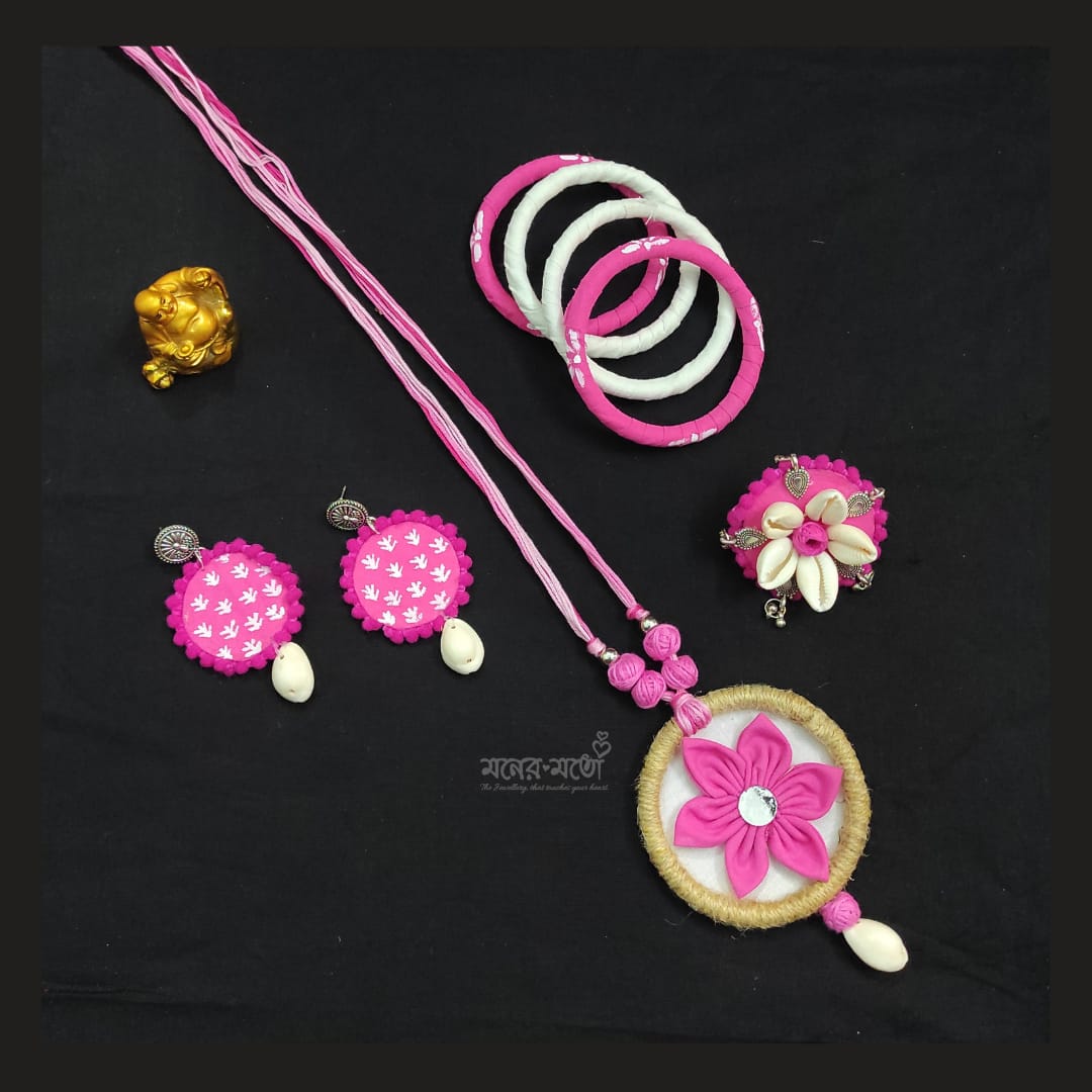 Handmade Floral Motif Cotton Fabric Full Jewellery Set