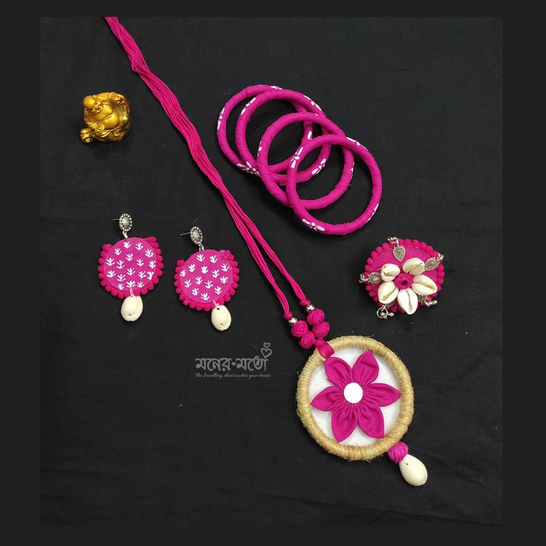 Handmade Floral Motif Cotton Fabric Full Jewellery Set