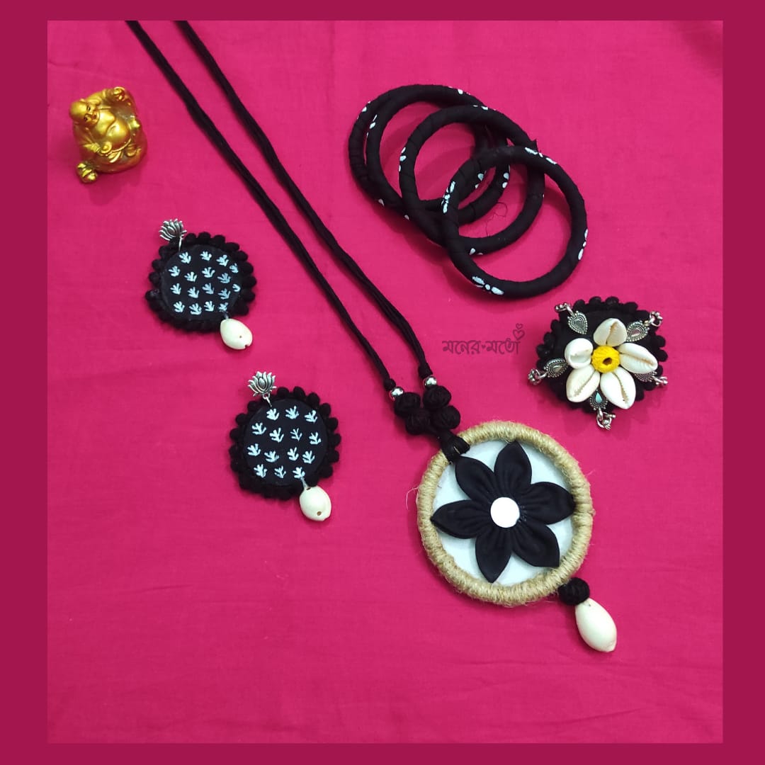 Handmade Floral Motif Cotton Fabric Full Jewellery Set