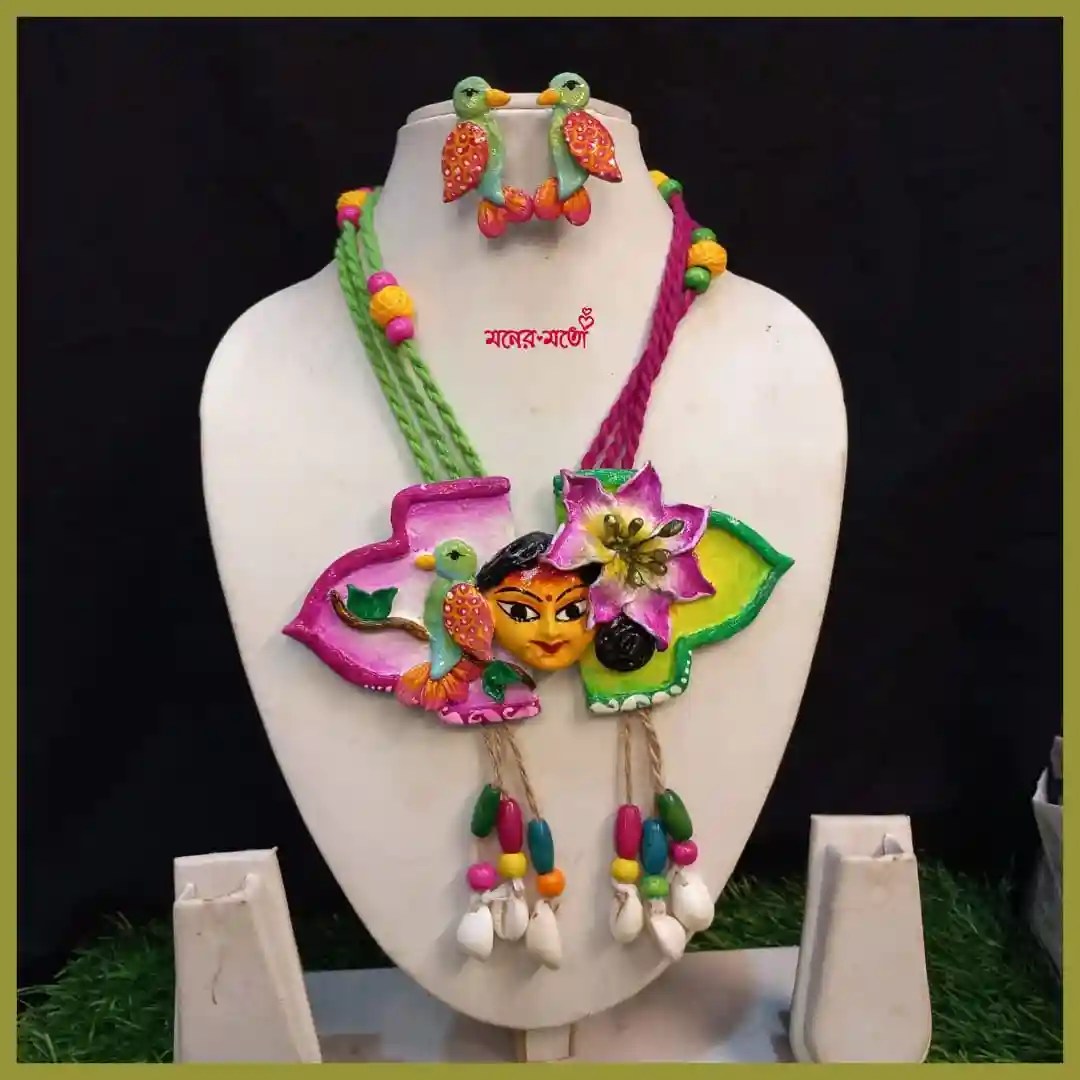 Clay Durga Flower Bird Necklace Set