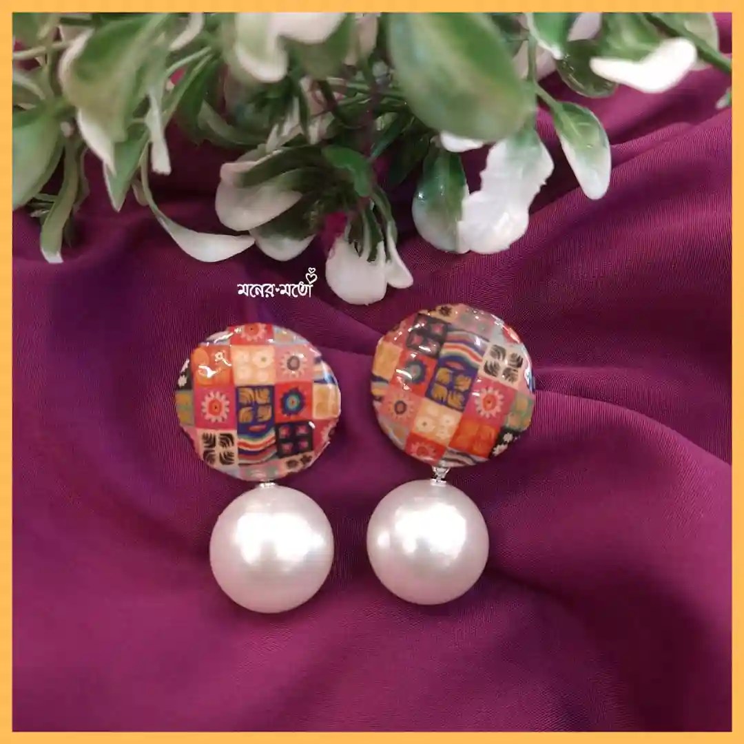 Digital Block Floral Pearl Drop Earrings