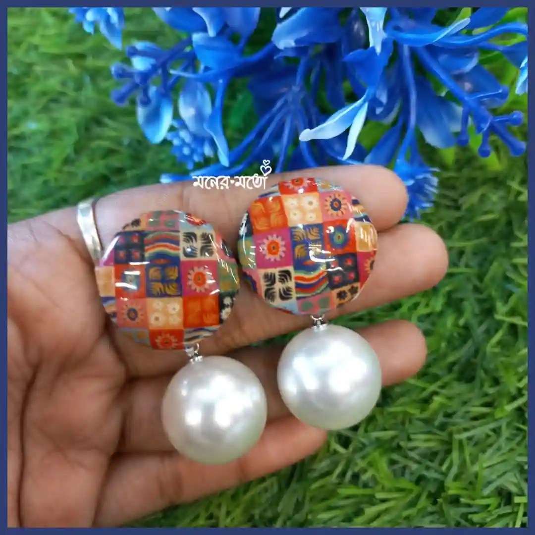 Digital Block Floral Pearl Drop Earrings
