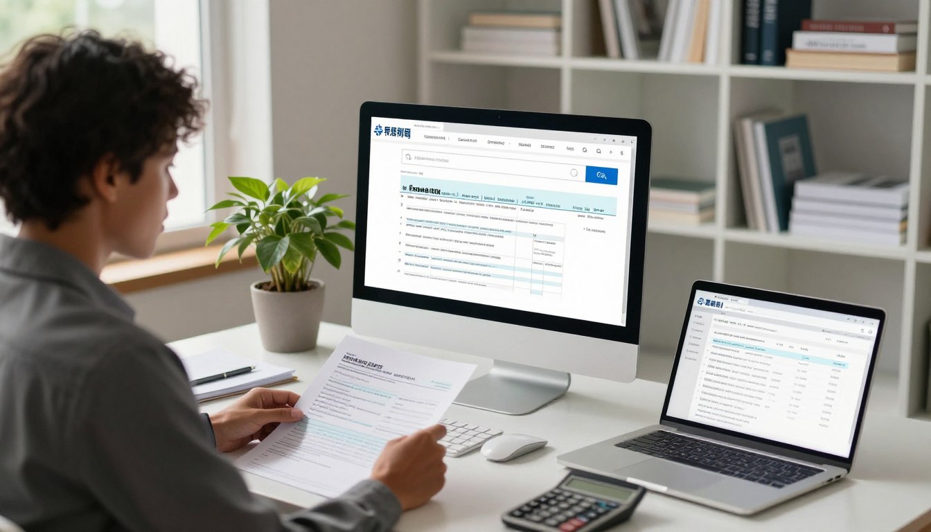 A modern digital workspace showcasing a search engine interface on a computer screen, surrounded by neatly organized documents and a calculator, symbolizing the meticulous process of filling out income tax returns. In the foreground, a diverse professional individual in business attire is seated at a desk, examining financial documents, while a new laptop displays a detailed search engine page. The middle ground features a potted plant for a touch of nature, and soft light coming from a window casts a warm, inviting glow throughout the room. The background reveals shelves filled with tax books and resources, enhancing the atmosphere of productivity and professionalism, ensuring a focused and serene mood for the subject of income and salary reporting.