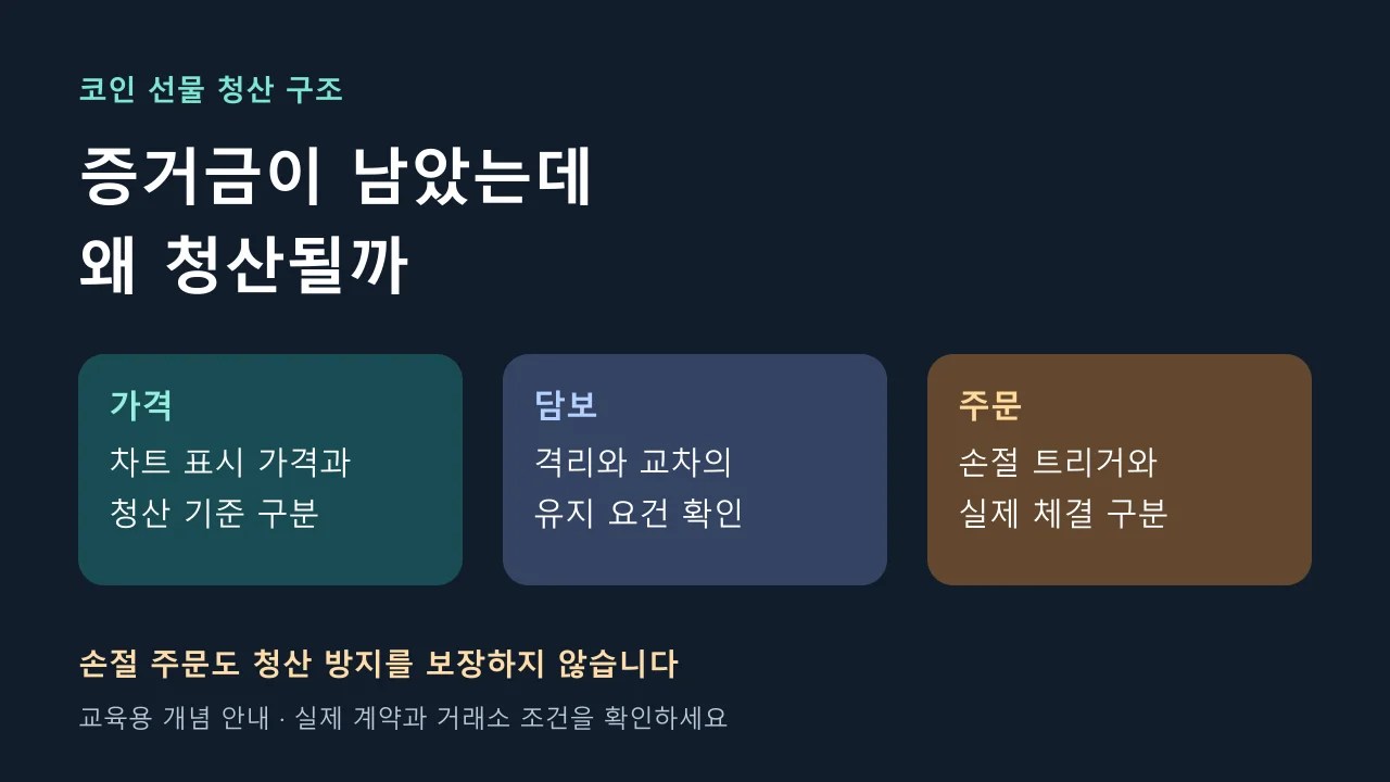 코인 선물 청산을 이해하기 위해 가격 기준, 담보 유지 요건, 손절 주문의 실제 체결 조건을 나눈 세 가지 카드