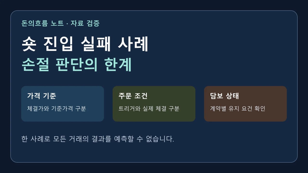 숏 진입 실패 사례를 읽을 때 가격 기준, 주문 체결 조건, 담보 상태를 구분하라는 세 가지 안내 카드