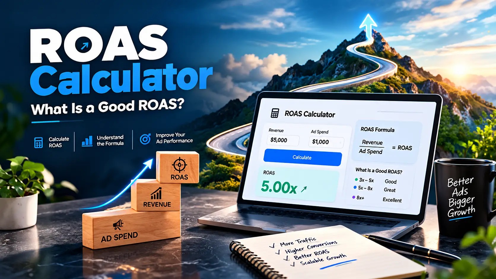 ROAS Calculator showing advertising spend, revenue, ROAS formula, and a good ROAS range