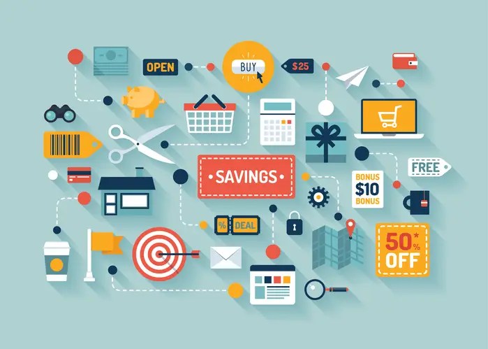 Illustration of smart shopping strategies, including coupons, discounts, and digital tools, to save money by comparing prices
