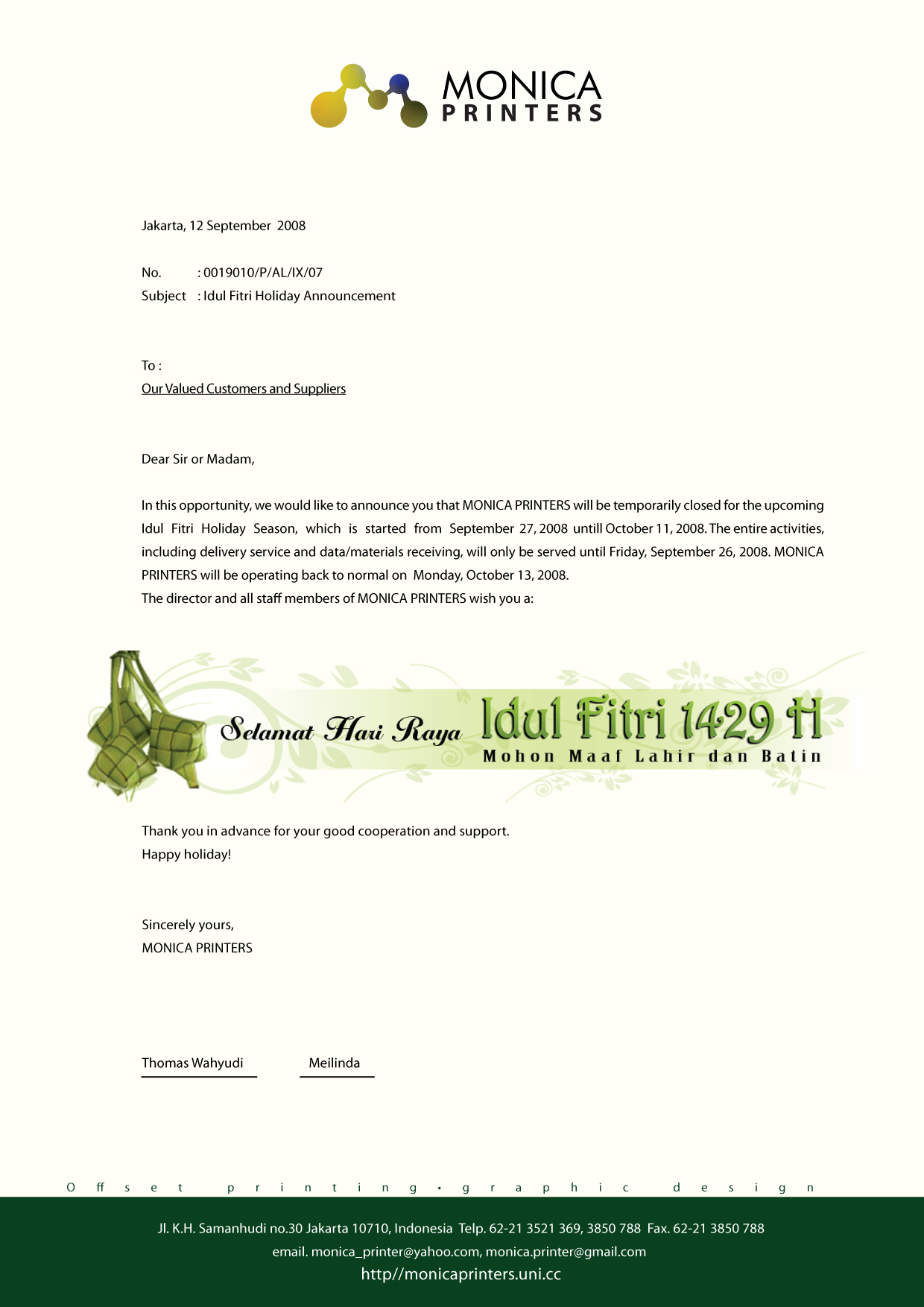 Idul Fitri Holiday Announcement  PD Monica Printers