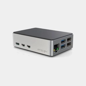 Boîtier Flirc aluminium pour Raspberry Pi 5 avec logo FLIRC, ports USB-C, HDMI, USB-A et Ethernet